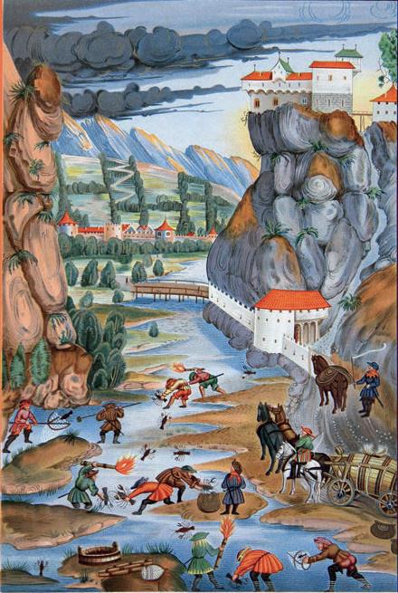 Krebsfang in der Drau an der Lienzer Klause in Osttirol. Auszug aus dem Fischereibuch Kaiser Maximilians I. bebildert vonJ&ouml;rg K&ouml;lderer(1504).