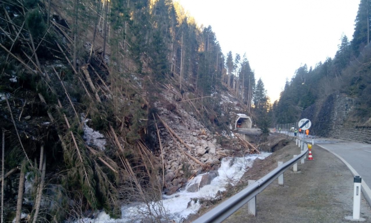 Apr.: Viel Gestein und Material ist durch den Felssturz in die Schwarzach gelangt und musste ausgebaggert werden. Foto: Land Tirol