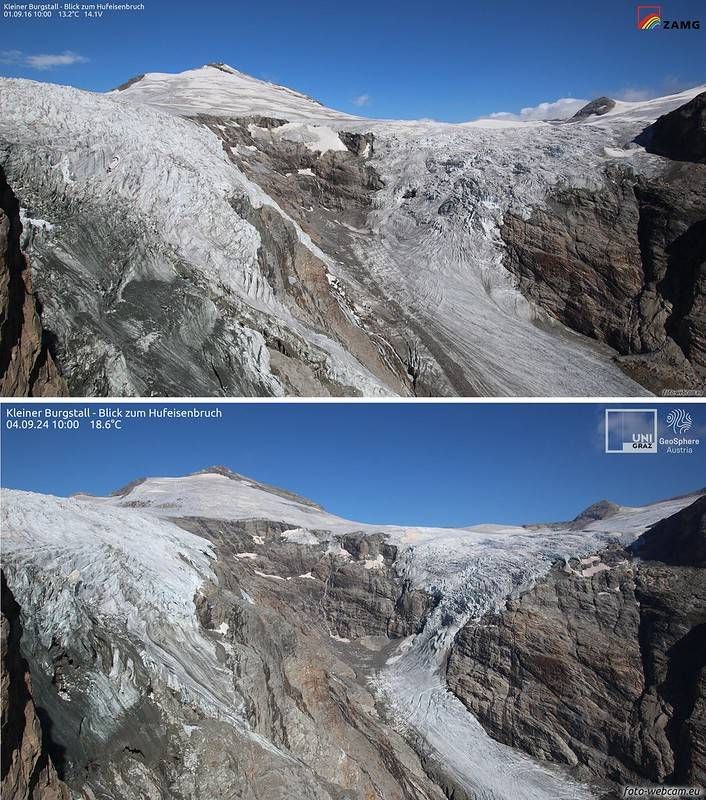 Pasterze Hufeisenbruch: Vergleich 2016 (Bild oben) und 2024 (Bild unten). Im Bereich des sogenannten Hufeisenbruchs l&ouml;st sich die Verbindung zwischen dem unterem und oberen Teil des Pasterze-Gletschers immer mehr auf. Quelle: GeoSphere Austria
