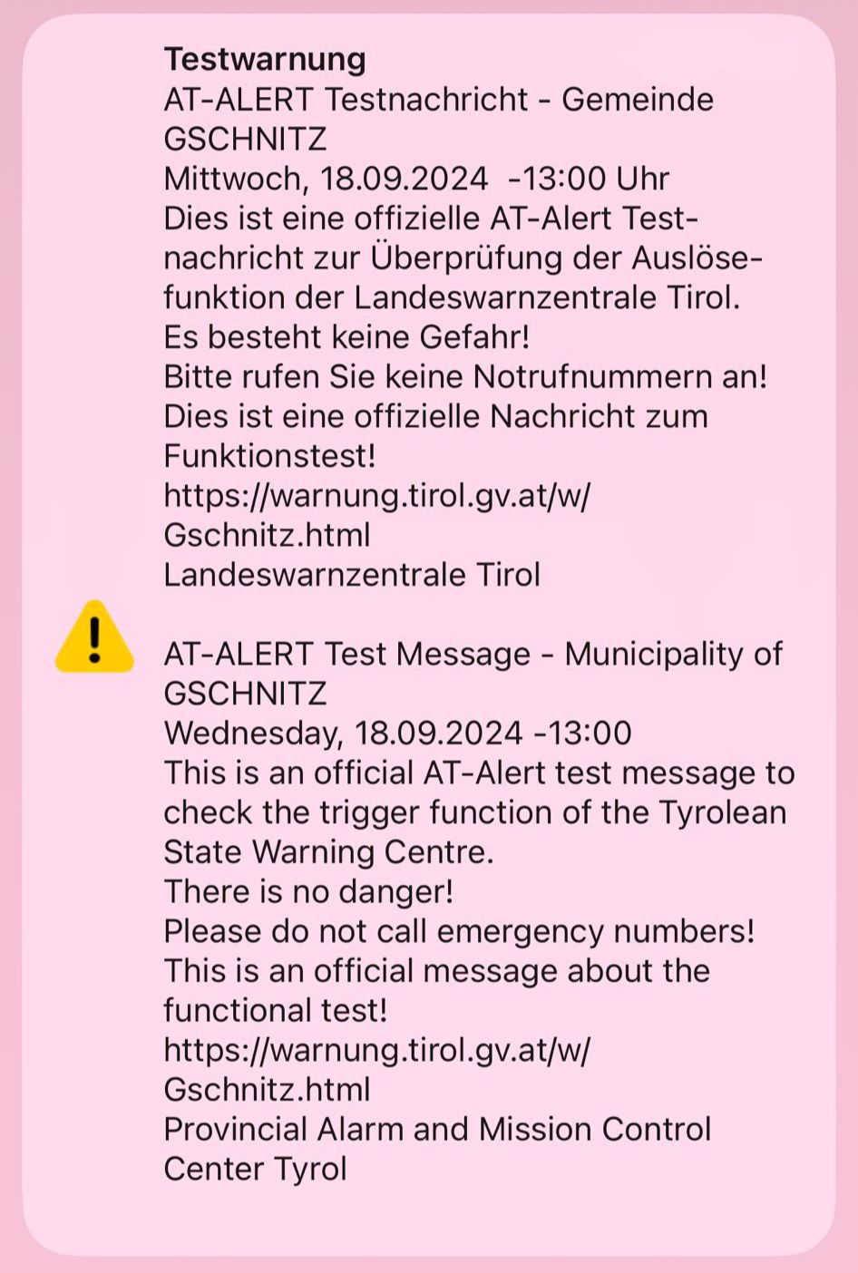 Testwarnung AT Alert Grafik: Land Tirol