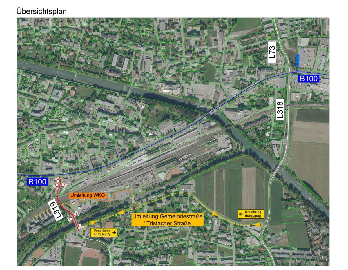 Baustelle und Stra&szlig;ensperrung in Lienz