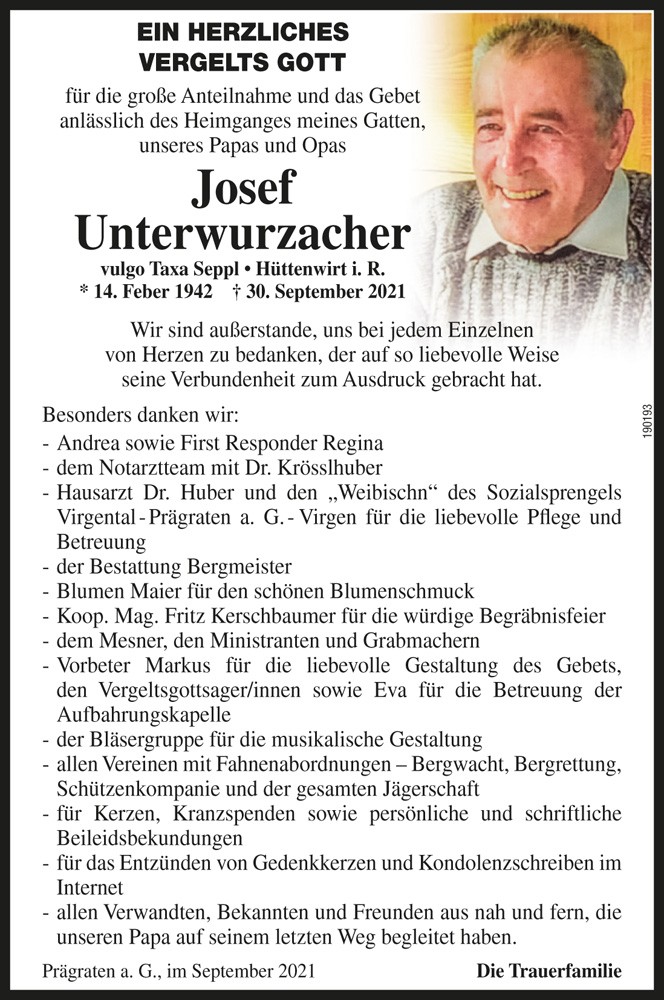 Josef Unterwurzacher, vlg. Taxa Seppl, H&uuml;ttenwirt i.R.
