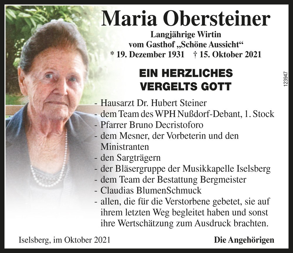 Maria Obersteiner, ehem. Wirtin der "Sch&ouml;nen Aussicht"