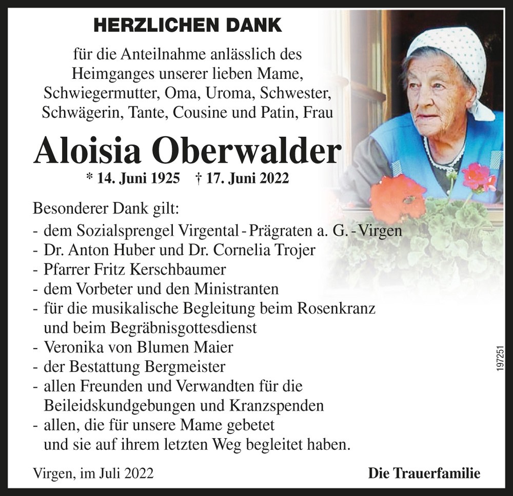 Aloisia Oberwalder, geb. Wurnitsch; vlf. B&uuml;dama Loise