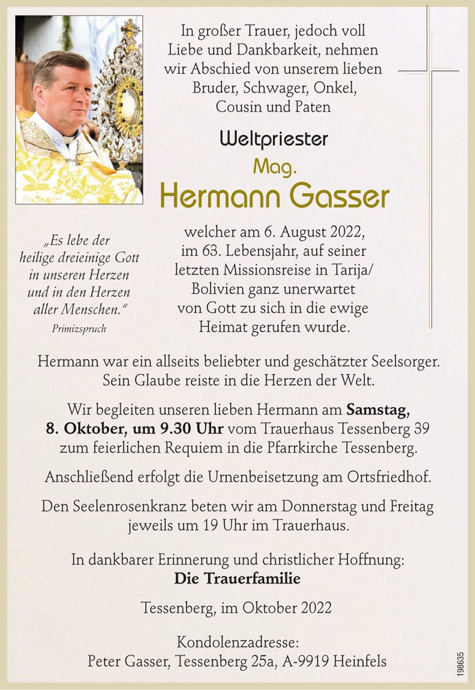Pfr. Hermann Gasser, Weltpriester