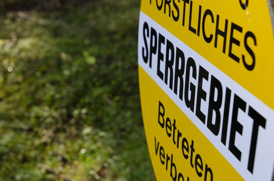 Gelbe Sperrgebietstafeln markieren gesperrte Wege und Gebiete im Wald. Foto: Land Tirol