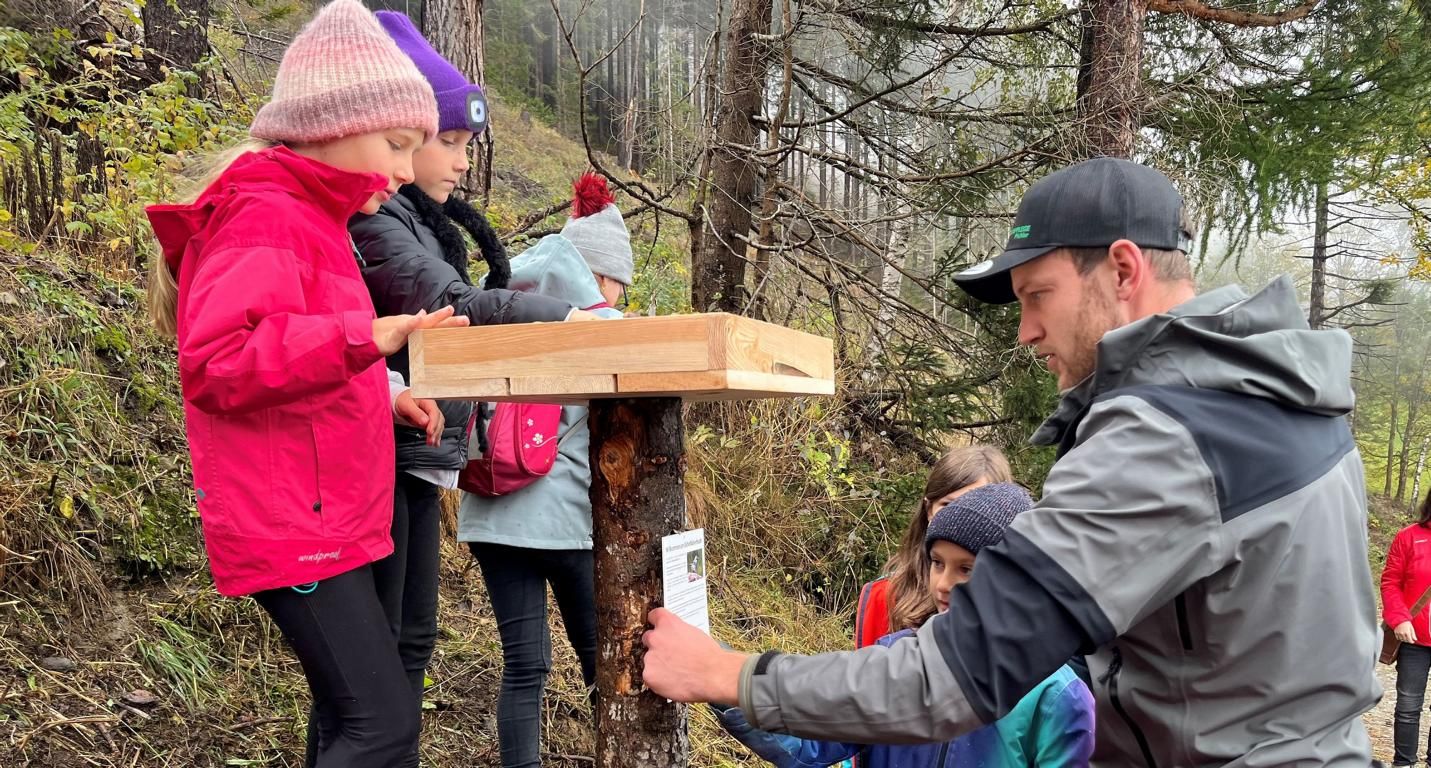 Im Ortsteil Plone wurde mit Hilfe der Volksch&uuml;lerInnen ein Eichenh&auml;hertisch aufgebaut und bef&uuml;llt, Foto: Land Tirol