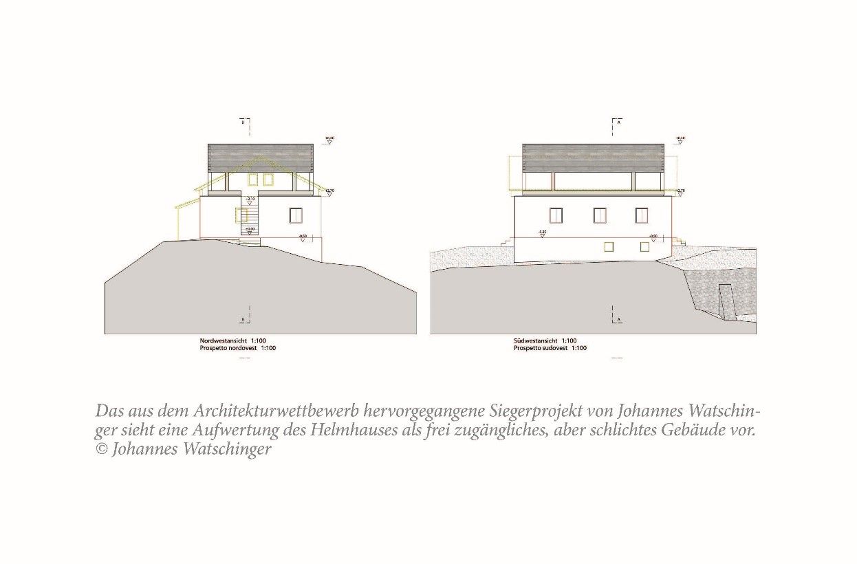 Projekt offenes Helmhaus, das Siegerprojekt von Architekt Johannes Watschinger sieht eine Aufwertung des Helmhauses als offenes und frei zug&auml;ngliches, aber schlichtes Geb&auml;ude vor. Grafik: Arch. Johannes Watschinger
