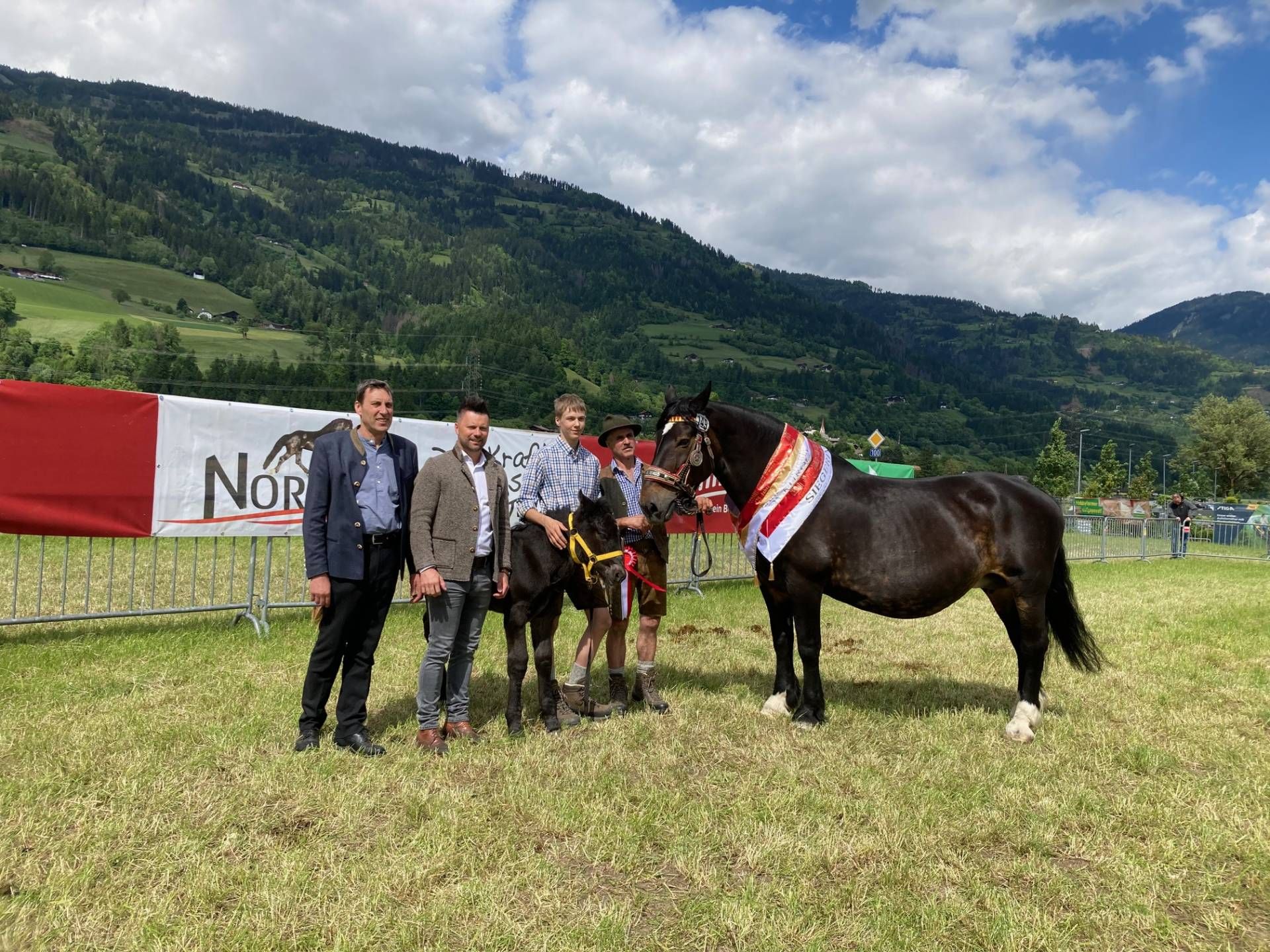 RGO Obmann Franz Klocker, Bernhard Webhofer (Norikerzucht), und Fam. Johann Steiner/Matrei mit der Osttiroler Siegerstute "Beauty". Foto: Stangl
