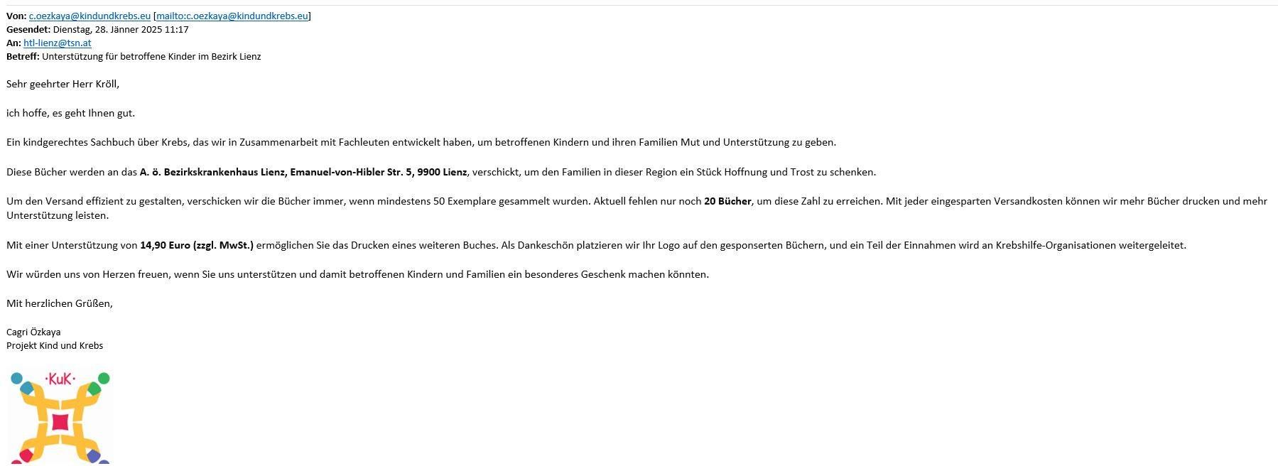 So sieht das Betrugsmail aus. Screenshot: BKH Lienz