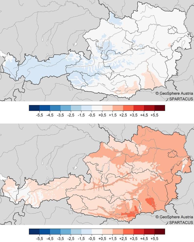Temperatur im Juli 2025: Abweichung der Temperatur vom Mittel. Bild unten im 
Vergleich zum Mittel 1961-1990, Bild oben im Vergleich zum Mittel 1991-2020. Auswertung 
mit SPARTACUS-Daten bis inkl. 31.7.2025. Quelle GeoSphere Austria